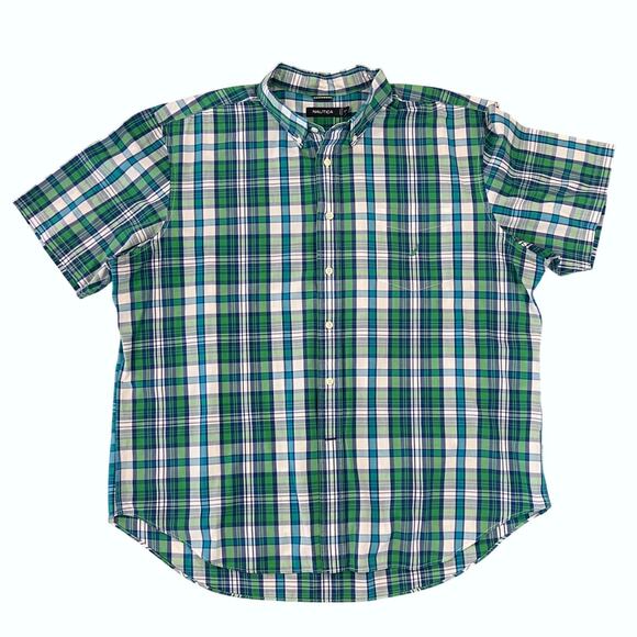 Nautica Men's Green/Blue Plaid Button Short Sleeve Shirt - SIZE XXL - Picture 1 of 7